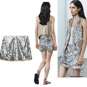 Zara ZW Collection beige silver metallic sequin chain mini skirt high waist Sz M